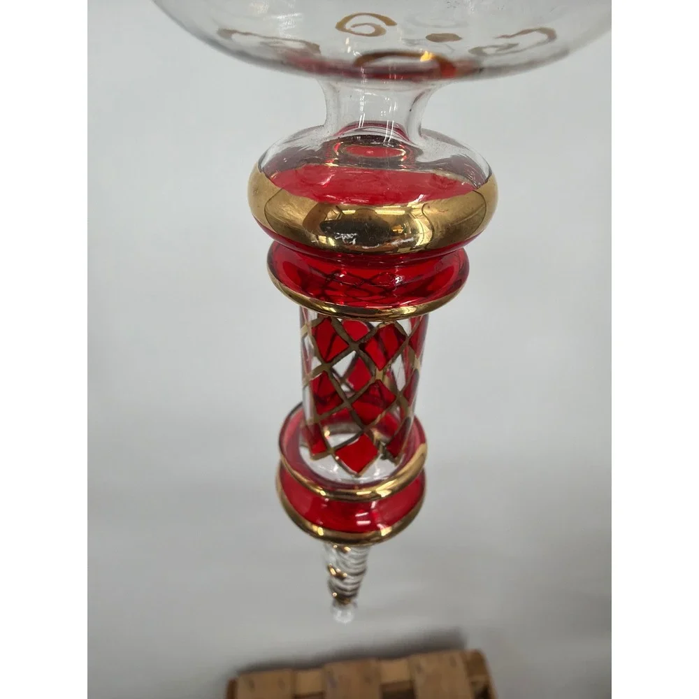 Vintage‎ Hand Blown Glass Finial Christmas Ornament Red Gold Scroll 7.5 Inch